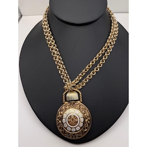 Vintage Gold-Tone AVON 32" Chain Necklace With Double-sided Perfume "Clock" Pendant