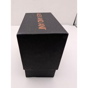Pode incluir: Uma caixa de joias retangular preta com acabamento texturizado. A tampa superior apresenta o nome da marca ALEX AND ANI impresso em uma fonte de cor cobre met&aacute;lico. A caixa est&aacute; orientada verticalmente, mostrando claramente o topo e a frente.