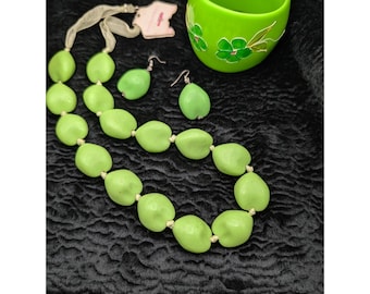 Vintage Green Beaded Necklace Earrings & Floral Enamel Bangle Jewelry Set