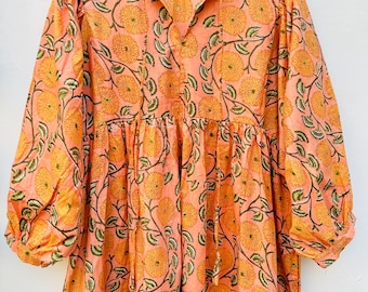 Orange Block Print Midi Dress, Puff Sleeve Cottagecore Style, Cotton Fabric