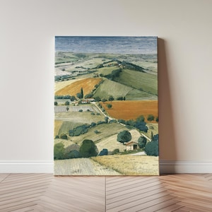 May include: A landscape painting of a rural scene with rolling hills and fields in green, gold, and orange hues. A road meanders through the landscape, with small buildings and trees dotted throughout. The sky is pale blue, and the style evokes a vintage print.