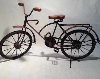 Miniature Tin Metal Women Bicycle Sculpture Metal Pipes & Painted Dark Brown Home Decor