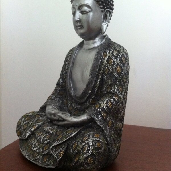 Sitting Buddha Statue - Asian Silver Meditating Zen Hindu Sculpture - Great Gift