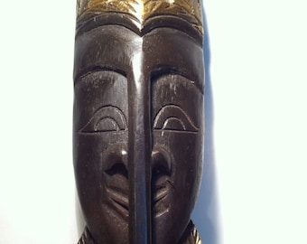 Vintage African Wood Mask - Tribal Wall Art with Gold Accents