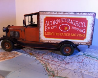 1940s Tin Metal Truck – Vintage Orange Work Truck Decor