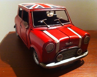 Mini Cooper Car - Red Tin Metal Toy Automobile with the Union Jack Flag on the Roof