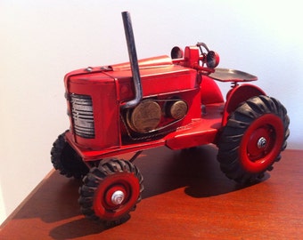 Metal Tractor Miniature Toy - 1950s Farm Machinery Red Vintage Retro Work Vehicle Decoration - Tin Toy Car