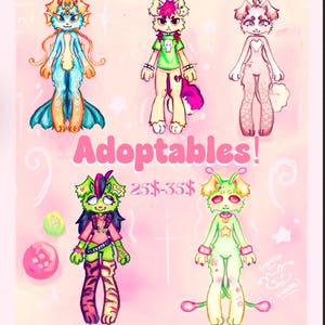 Op de afbeelding: Een digitale illustratie met vijf antropomorfe wezens met unieke ontwerpen. De wezens zijn in verschillende kleuren, waaronder blauw, roze, groen en geel. Het woord "Adoptables!" is in roze geschreven, met een prijsklasse.
