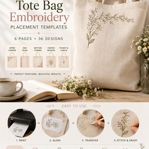 Tote Bag Embroidery Placement Templates | Printable Stick and Stitch PDF | Wildflower Corner Patterns | Beginner Hand Embroidery Designs