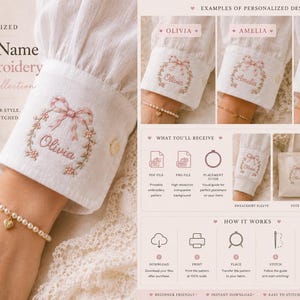 May include: White cuff with custom name bow embroidery, part of the Coquette Collection. The design features a pink bow and floral wreath around the name "Olivia". Additional examples show "Amelia" and "Sophia".
