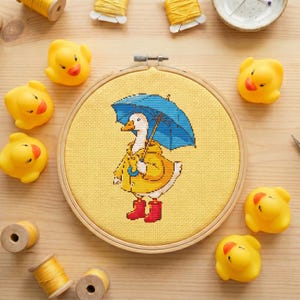 May include: A cross-stitch embroidery hoop showing a duck in a yellow raincoat with a blue umbrella. Yellow rubber ducks and spools of yellow thread surround the embroidery on a wooden surface.