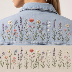 Broderimönster med små blommiga bårder i PDF-format, utskrivbara hörnmönster med stick-and-stygn, motiv med vildblommor på manschettkragen