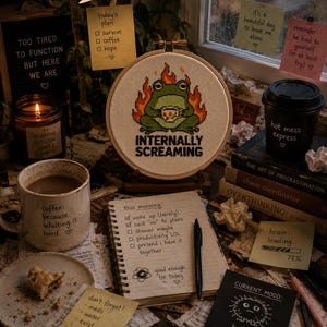 Funny Frog Cross Stitch Pattern, Internally Screaming Meme, This is Fine Fire Embroidery, Sarcastic Goblincore, Modern Cross Stitch PDF