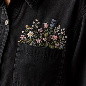 Broderimönster med vildblommor i PDF-format, blommotiv med klistermärken, utskrivbara fickor för manschettkrage, PNG-filer