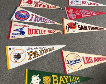 Vintage Pennants: MLB Teams, College Sports, Atlanta Braves, San Francisco Giants.