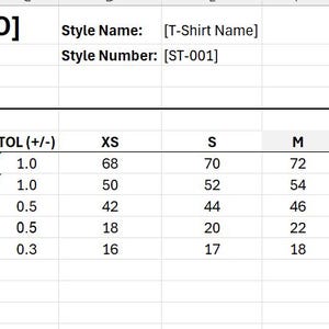 May include: A spreadsheet displaying a brand logo, style details, season, and date. The table presents measurements for sizes XS to XXL, including total body length, chest width, shoulder width, sleeve length, and neck width in cm.