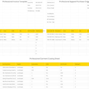 May include: Three professional documents: a professional invoice template, a professional apparel purchase order, and a professional garment costing sheet. Each document has a yellow header and contains tables with item descriptions, quantities, and prices.