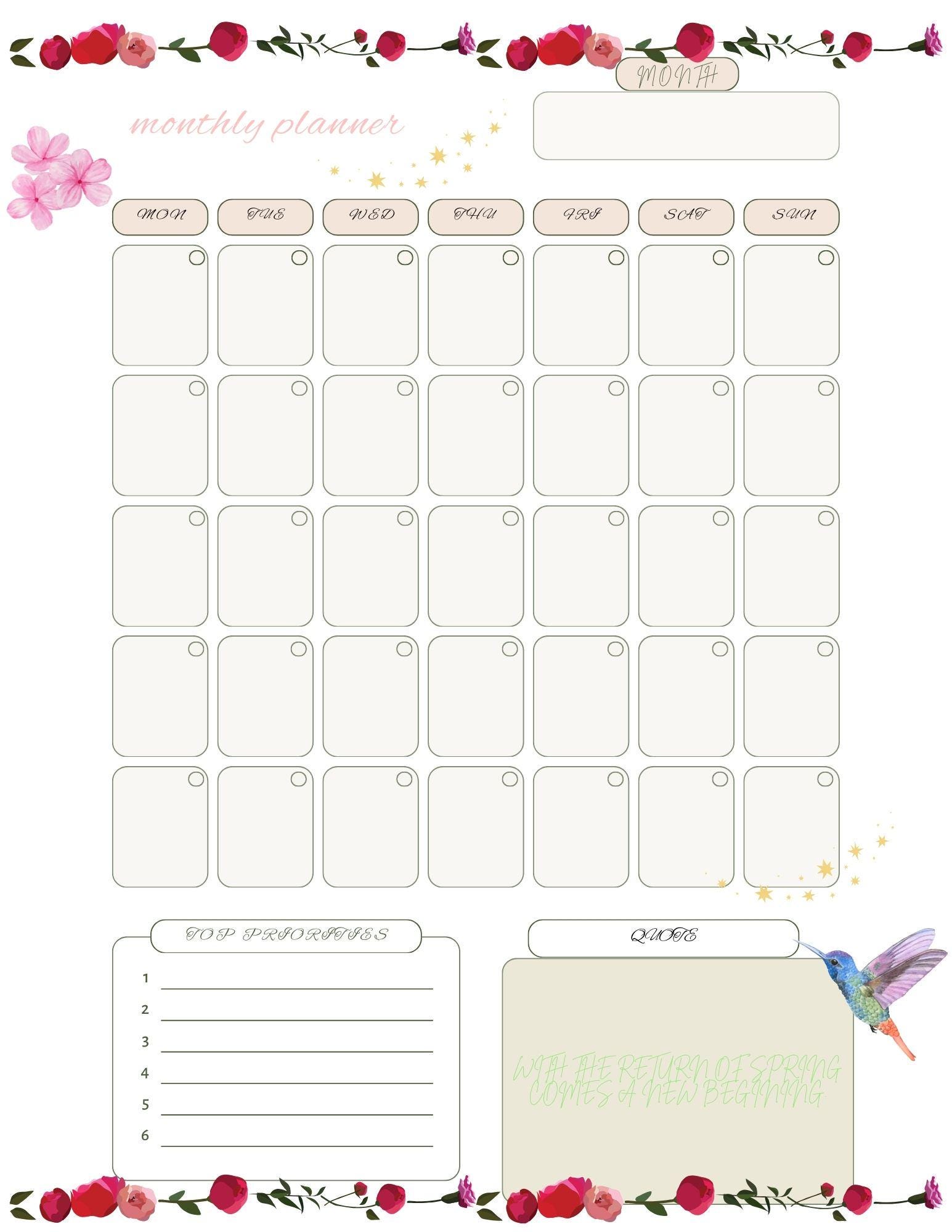 Springtime Calander Fairy Monthly Calendar PDF Download Springtime Fairycore Printable ...