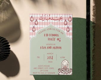 Op de afbeelding: Een uitnodiging voor een Eid-diner. Het ontwerp heeft een roze en witte gestreepte achtergrond met hangende lantaarns. De tekst luidt "Eid Mubarak" en geeft details zoals datum, tijd en locatie van het feest.