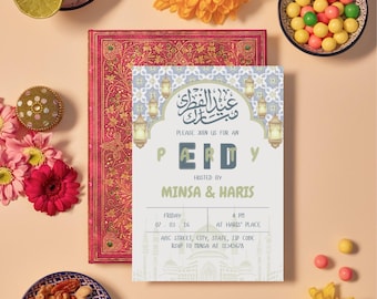 May include: An invitation card with Arabic calligraphy and the text "PERD Y" is displayed on a table. The card is decorated with a blue and white pattern and lanterns. The card is hosted by Minsa & Haris. The table is decorated with flowers, nuts, and candies.