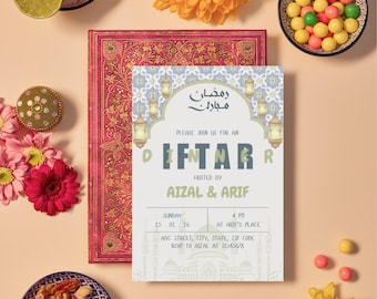 May include: An invitation for an Iftar event, featuring a decorative design with lanterns and Arabic script. The invitation is surrounded by decorative elements, including flowers, nuts, and candies. The text on the invitation reads "Please join us for an Iftar" and includes the host's names and event details.