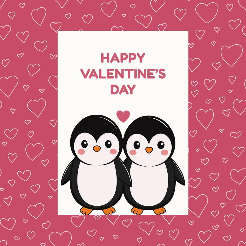 Editable Penguin Valentines Day Card Template Cute Animal Greeting for ...