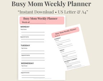 Busy Mom Weekly Planner Printable Updated 2 Page Planner US Letter and A4