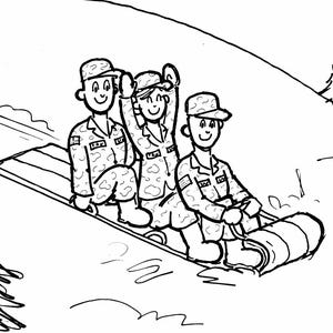 以下が含まれることがあります： 雪の丘をそり滑りをする軍服を着た3人の人々の白黒漫画イラスト。一人が手を振っています。画像には「Troop on the Stoop」というテキストが含まれています。