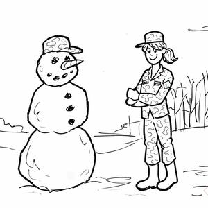 以下が含まれることがあります： 白黒イラスト。雪だるまと軍服を着た2人の人物が描かれています。雪だるまは人参の鼻とボタンの目があります。人々は迷彩柄の制服と帽子を着用しています。画像には「Troop on the Stoop」というテキストが含まれています。