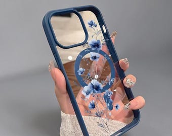 Blue Floral Magnetic iPhone Case – Transparent Shockproof Cover for iPhone 17, 16, 15, 14, 13, 12, 11 Pro Max, 16 Plus, 17 Air, Elegant Flow