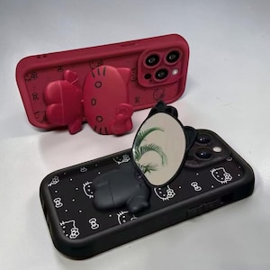 Cute Hello Kitty Mirror Phone Case with Stand for iPhone 17, 16, 15, 14, 13, 12, 11 Pro Max Plus - Kawaii Cartoon Makeup Mirror Cover
