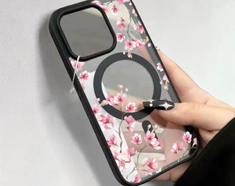 Funda magnética para iPhone con diseño de flor de cerezo rosa, elegante funda floral para teléfono, funda protectora compatible con MagSafe para iPhone 17 16 15 14 13 12 Pro Ma