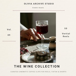 May include: A digital asset collection titled Olivia Archive Studio Vol. 09 The Wine Collection, featuring 50 vertical reels. The image displays a clear glass filled with dark red wine, a small white candle holder, and silver trays.