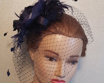 Amazing Navy blue birdcage veil, Navy blue fascinator, Navy blue hair flower, navy blue hat