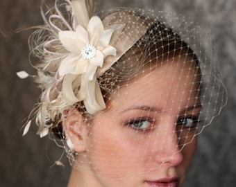 Champagne Floral Birdcage Veil Fascinator with Feathers and Crystal, Vintage Look Bridal Headpiece