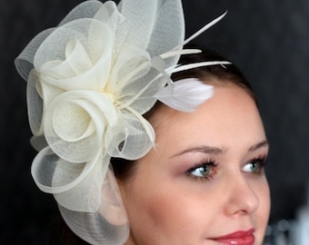 Wedding Hat, Couture Crin Bridal Hat. Ivory Bridal Hat, Wedding Birdcage Veil, Ivory Crin Wedding Headpiece, Wedding Fascinator on headband