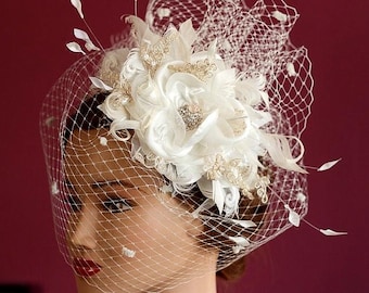 Wedding dotted birdcage veil with lace hair flower. Ivory bridal puffy netting with dots