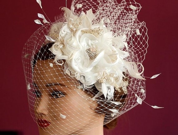 Bridal Birdcage Hair Clip with Netting and Lace Floral Details Bridal birdcage headband veil, plain - Style #2350 main image 4