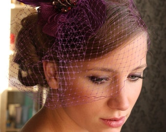 BIRDCAGE VEIL. Purple COCTAIL Hat. Black mini hat with birdcage veil. Purple fascinator. Kentucky Derby Hat, Bridal Purple Bird Cage veil