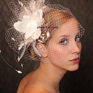 Ivory wedding BIRDCAGE VEIL, ivory wedding hat. Ivory wedding hair flower. Ivory birdcage veil with flower, Bridal hair flower on headband