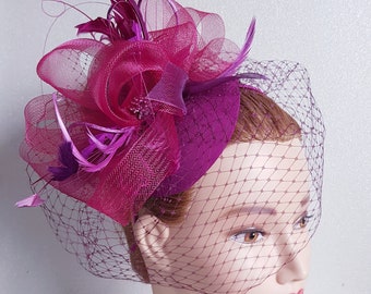 BIRDCAGE VEIL. Purple COCTAIL Hat. Fashion mini hat made in many colors. Purple fascinator. Kentucky Derby Hat,  Bridal hat, wedding hat