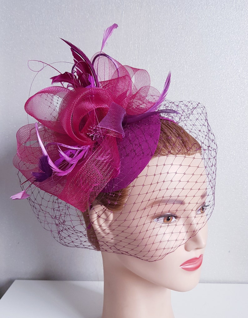 BIRDCAGE VEIL. Purple COCTAIL Hat. Fashion mini hat made in many colors. Purple fascinator. Kentucky Derby Hat, Bridal hat, wedding hat image 1