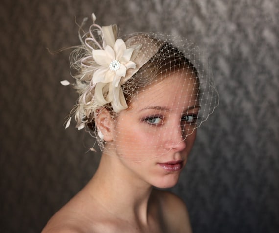 Bridal Birdcage Veil Champagne White Flowers Feather Wedding Netting Bridal Veil