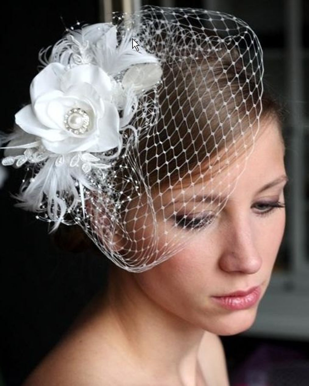 Bridal Ivory Birdcage Veil With Hair Flower, Wedding Birdcage Veil
