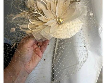 Wedding Champagne BIRDCAGE VEIL vintage wedding headdress with veil Champagne, nude wedding hat, bridal hat. Amazing fascinator, hair flower