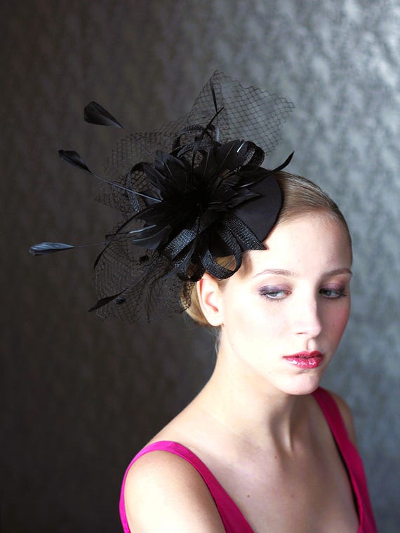 Black Hat fascinator with feathers and veil (001) Black Derby Hat Feather Fascinator Black Color Wedding Hat  main image 2