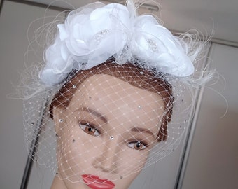 BIRDCAGE VEIL vintage style wedding headdress. Ivory, champagne  wedding hat,bridal hat. Amazing fascinator, hair flower, feathers.