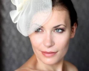 Wedding Hat, Couture Bridal Hat. Ivory Bridal Hat, Wedding Birdcage Veil, Wedding Headpiece, Ivory Wedding Fascinator