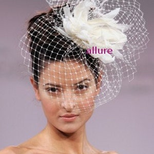 Wedding ivory BIRDCAGE VEIL with ivory wedding feather flower. Ivory Bridal birdcage veil with feathers fascinator, ivory feathers headpiece