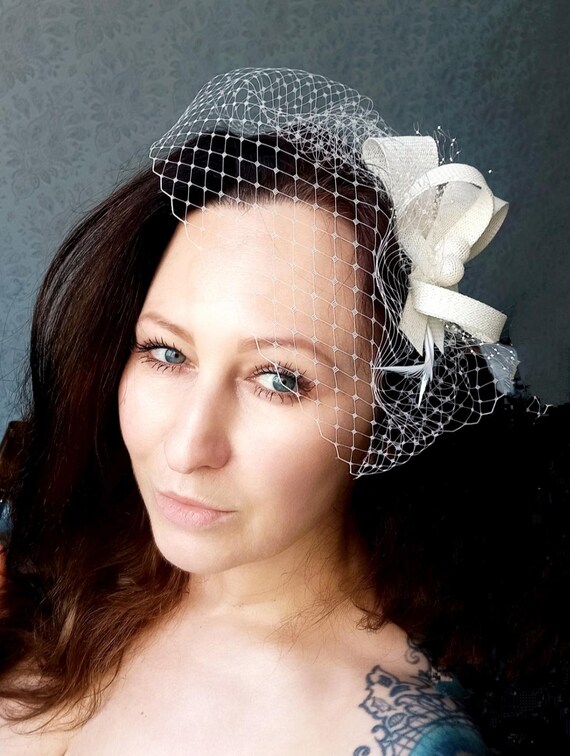 White Birdcage Veil Hair Accessory Birdcage Veil White Ivory BIRDAL BIRDCAGE VEIL Fascinator  main image 4